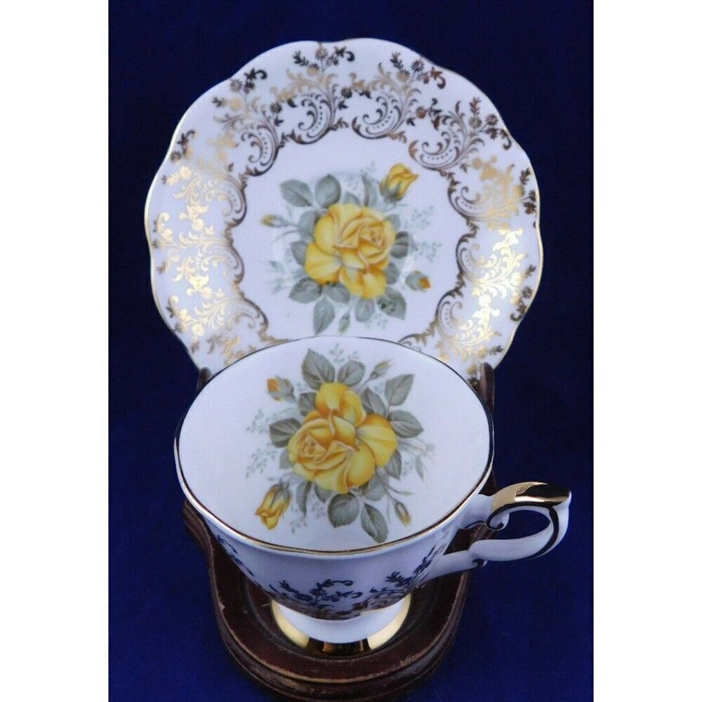Royal Standard Footed Teacup & Saucer Yellow & Gold Scrolls Pink Rose Scalloped